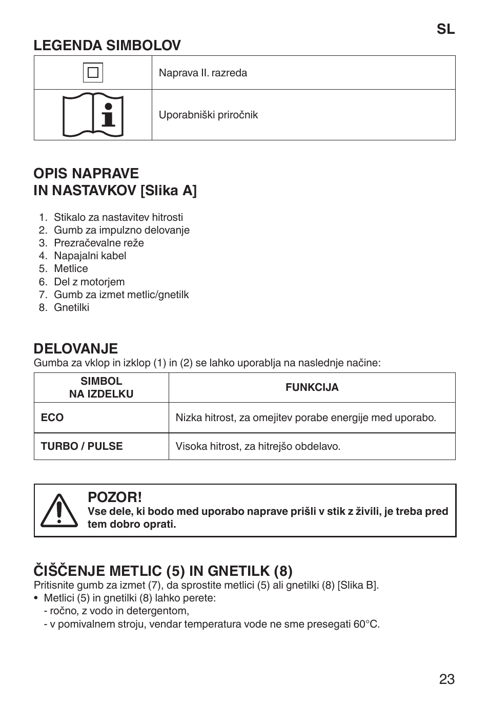 Sl legenda simbolov, Opis naprave in nastavkov [slika a, Delovanje | Pozor, Čiščenje metlic (5) in gnetilk (8) | Imetec ECO ST User Manual | Page 28 / 34