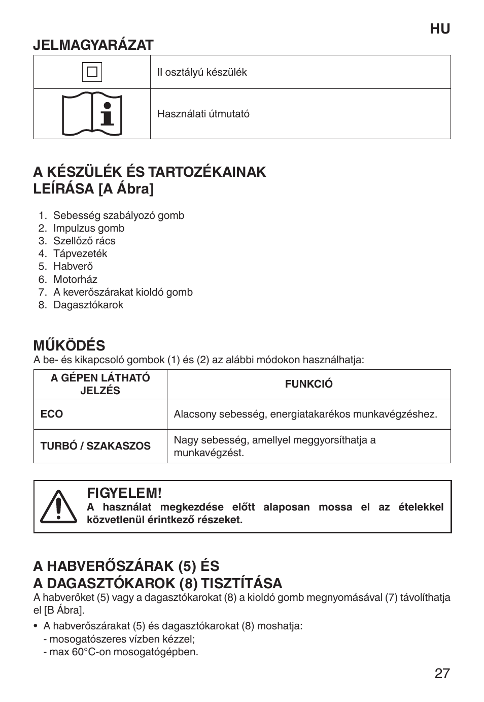 Hu jelmagyarázat, A készülék és tartozékainak leírása [a ábra, Működés | Figyelem | Imetec ECO ST User Manual | Page 32 / 34