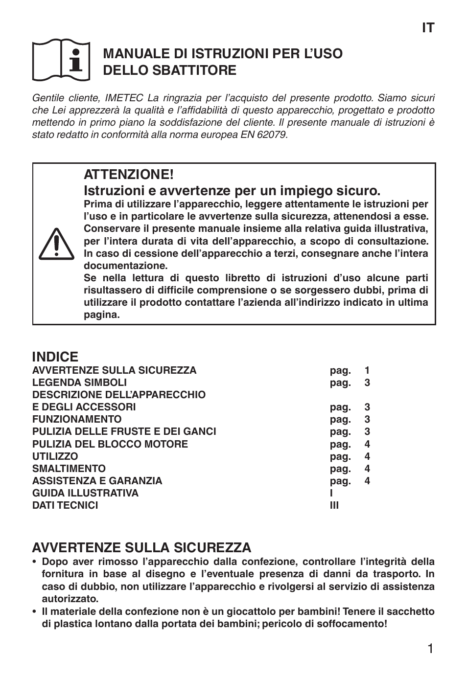 Indice, Avvertenze sulla sicurezza | Imetec ECO ST User Manual | Page 6 / 34