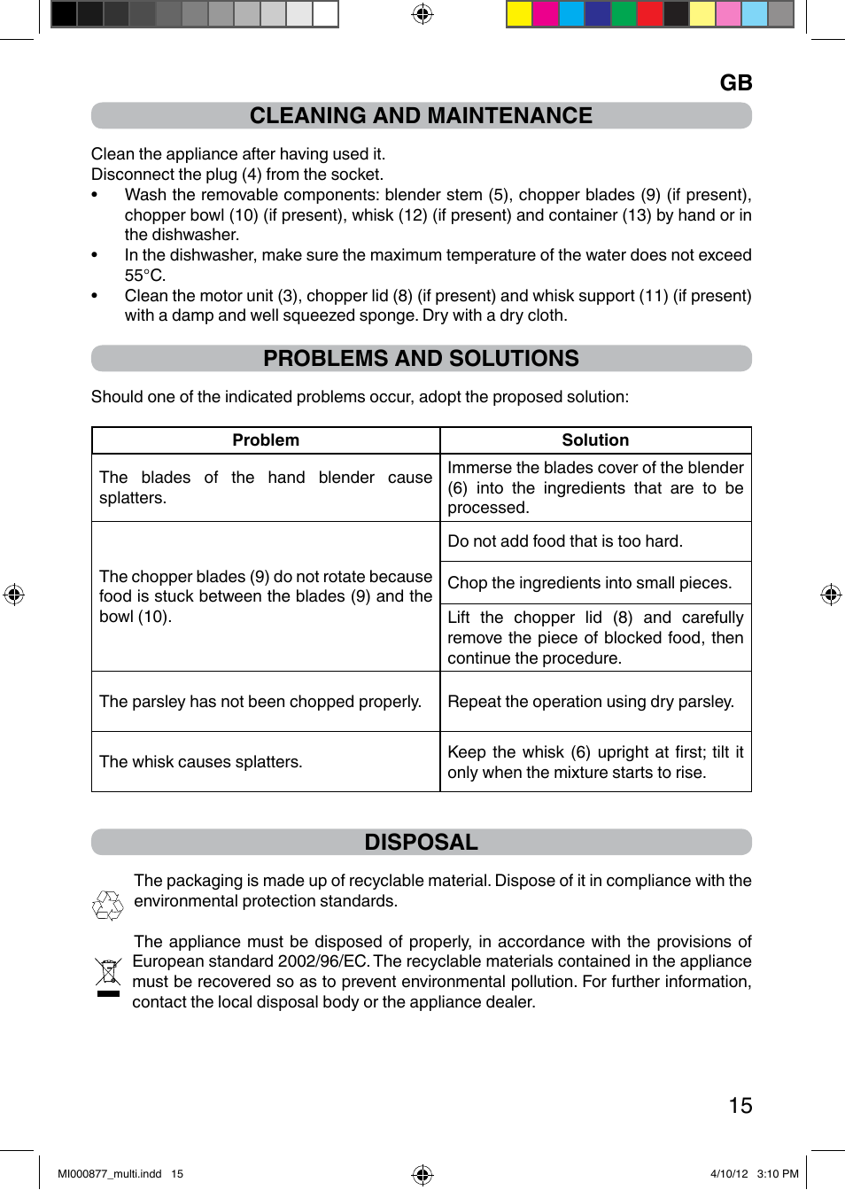 It 15 cleaning and maintenance, Problems and solutions, Disposal | Imetec PROFESSIONAL SERIE HB 2000 User Manual | Page 21 / 54
