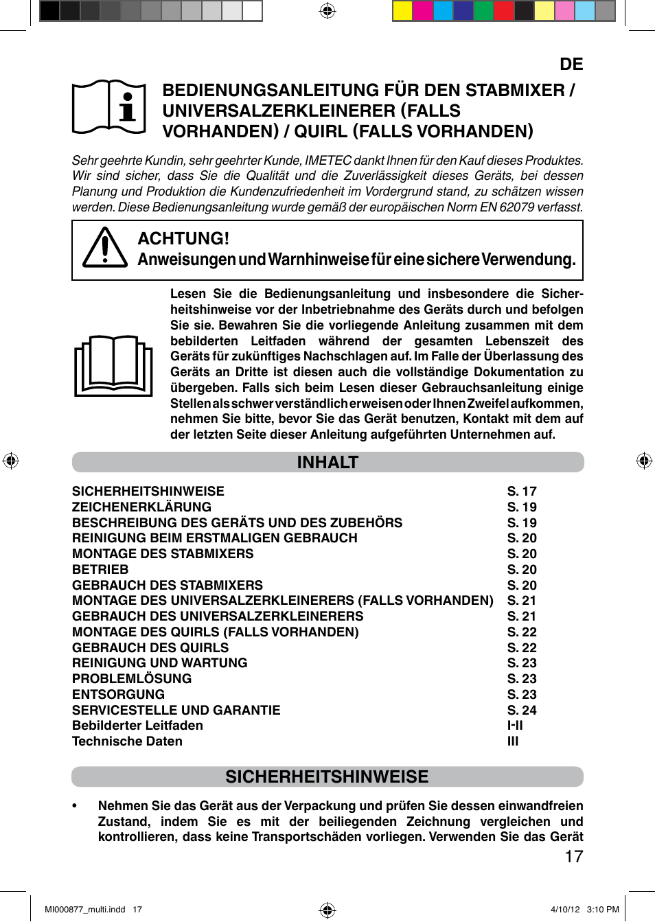 Inhalt, Sicherheitshinweise | Imetec PROFESSIONAL SERIE HB 2000 User Manual | Page 23 / 54