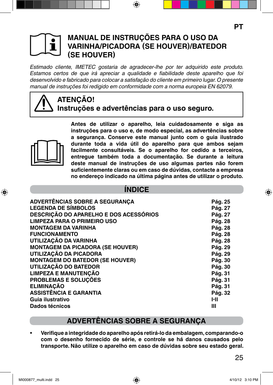 Índice, Advertências sobre a segurança | Imetec PROFESSIONAL SERIE HB 2000 User Manual | Page 31 / 54