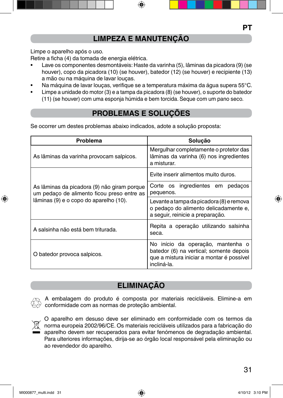 It 31 limpeza e manutenção, Problemas e soluções, Eliminação | Imetec PROFESSIONAL SERIE HB 2000 User Manual | Page 37 / 54
