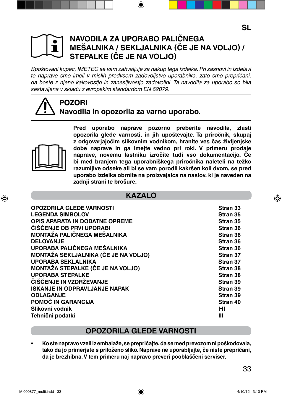 Pozor! navodila in opozorila za varno uporabo, Kazalo, Opozorila glede varnosti | Imetec PROFESSIONAL SERIE HB 2000 User Manual | Page 39 / 54