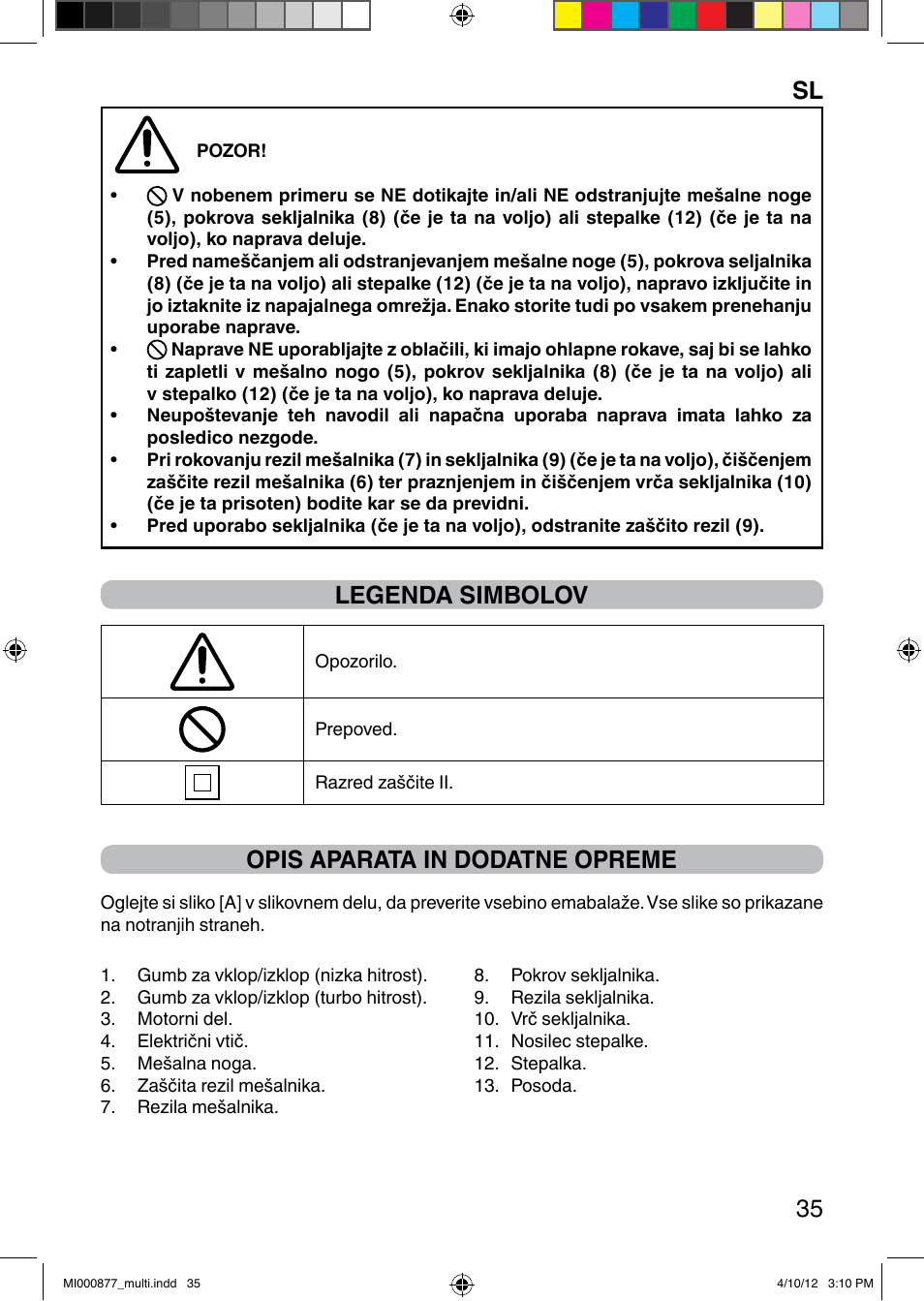 It 35, Legenda simbolov, Opis aparata in dodatne opreme | Imetec PROFESSIONAL SERIE HB 2000 User Manual | Page 41 / 54