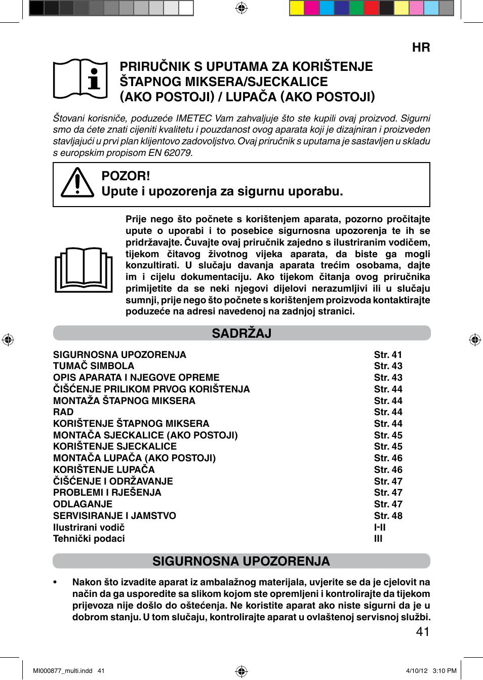 Pozor! upute i upozorenja za sigurnu uporabu, Sadržaj, Sigurnosna upozorenja | Imetec PROFESSIONAL SERIE HB 2000 User Manual | Page 47 / 54