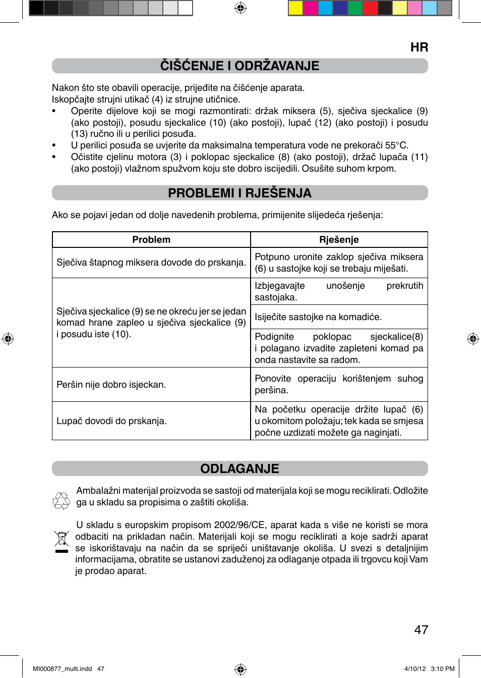 It 47 čišćenje i održavanje, Problemi i rješenja, Odlaganje | Imetec PROFESSIONAL SERIE HB 2000 User Manual | Page 53 / 54