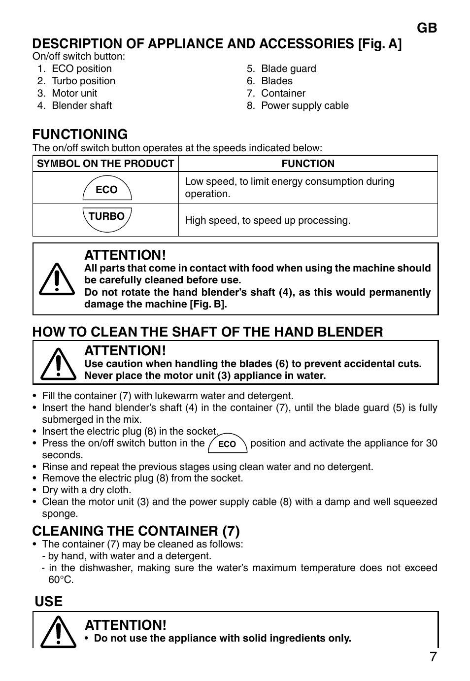 Functioning, Attention, How to clean the shaft of the hand blender | Cleaning the container (7) | Imetec ECO HB User Manual | Page 12 / 26