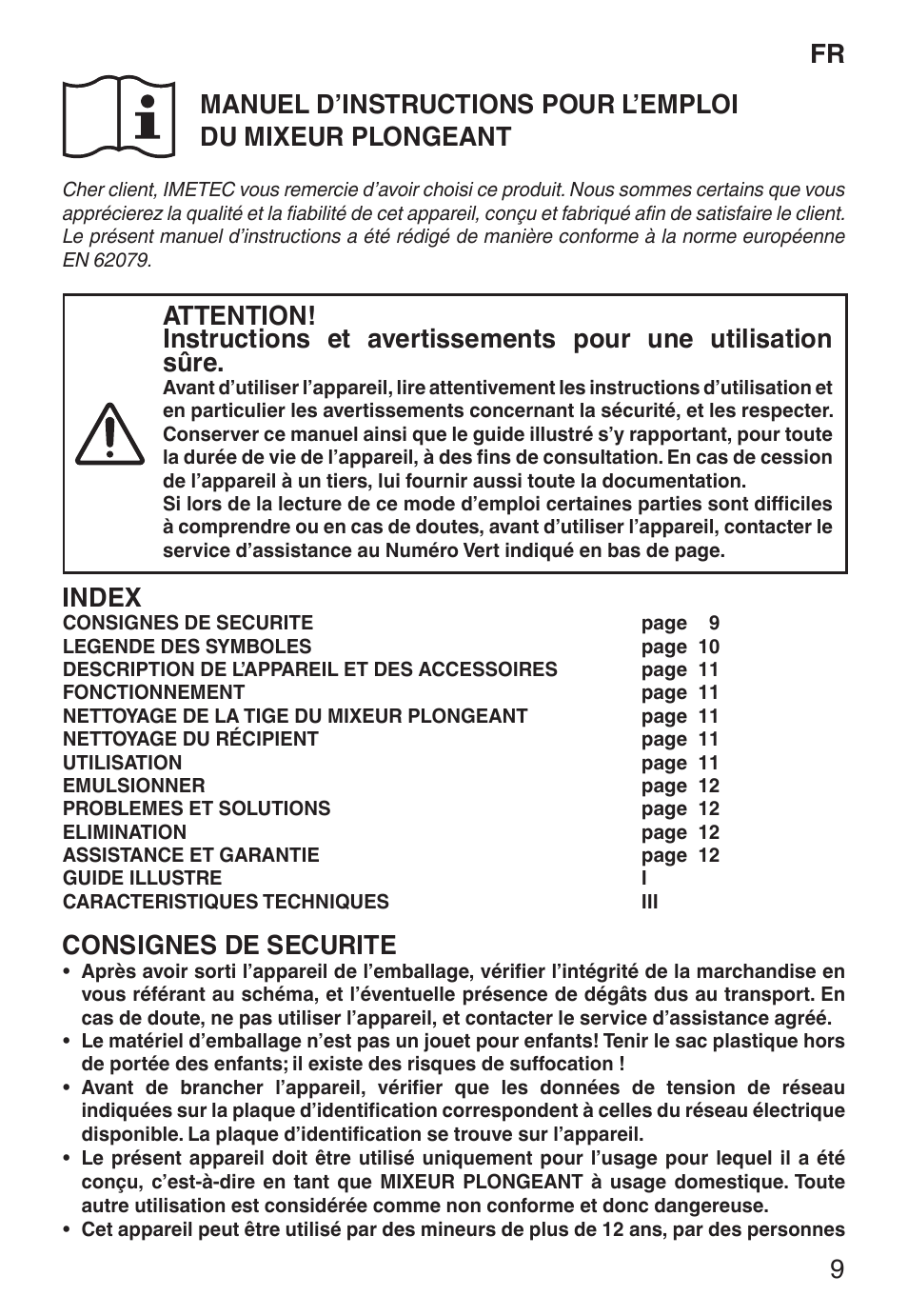 Index, Consignes de securite | Imetec ECO HB User Manual | Page 14 / 26