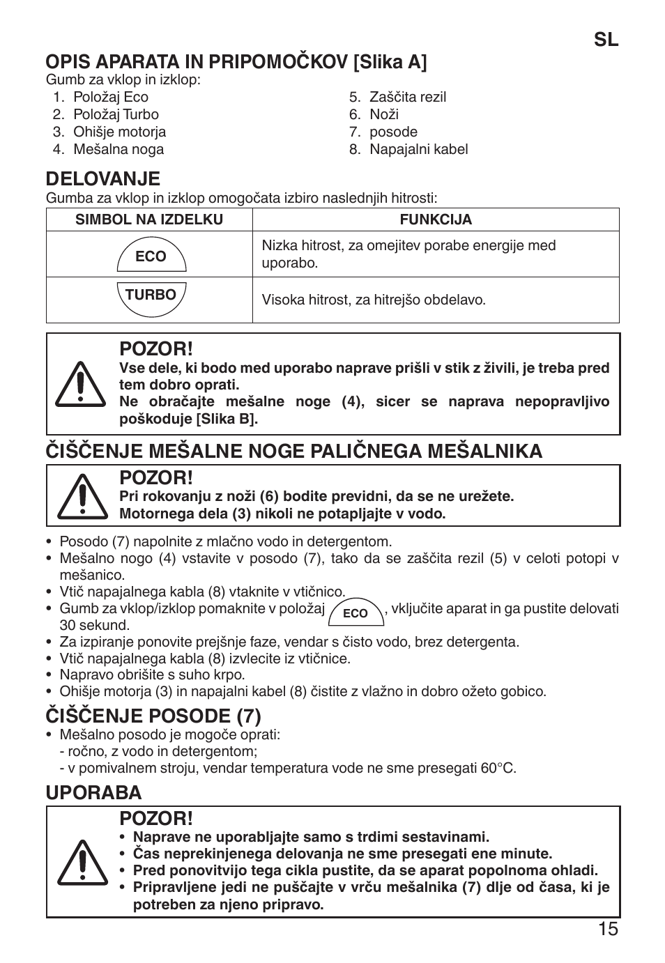 Sl opis aparata in pripomočkov [slika a, Delovanje, Pozor | Čiščenje mešalne noge paličnega mešalnika, Čiščenje posode (7), Uporaba | Imetec ECO HB User Manual | Page 20 / 26