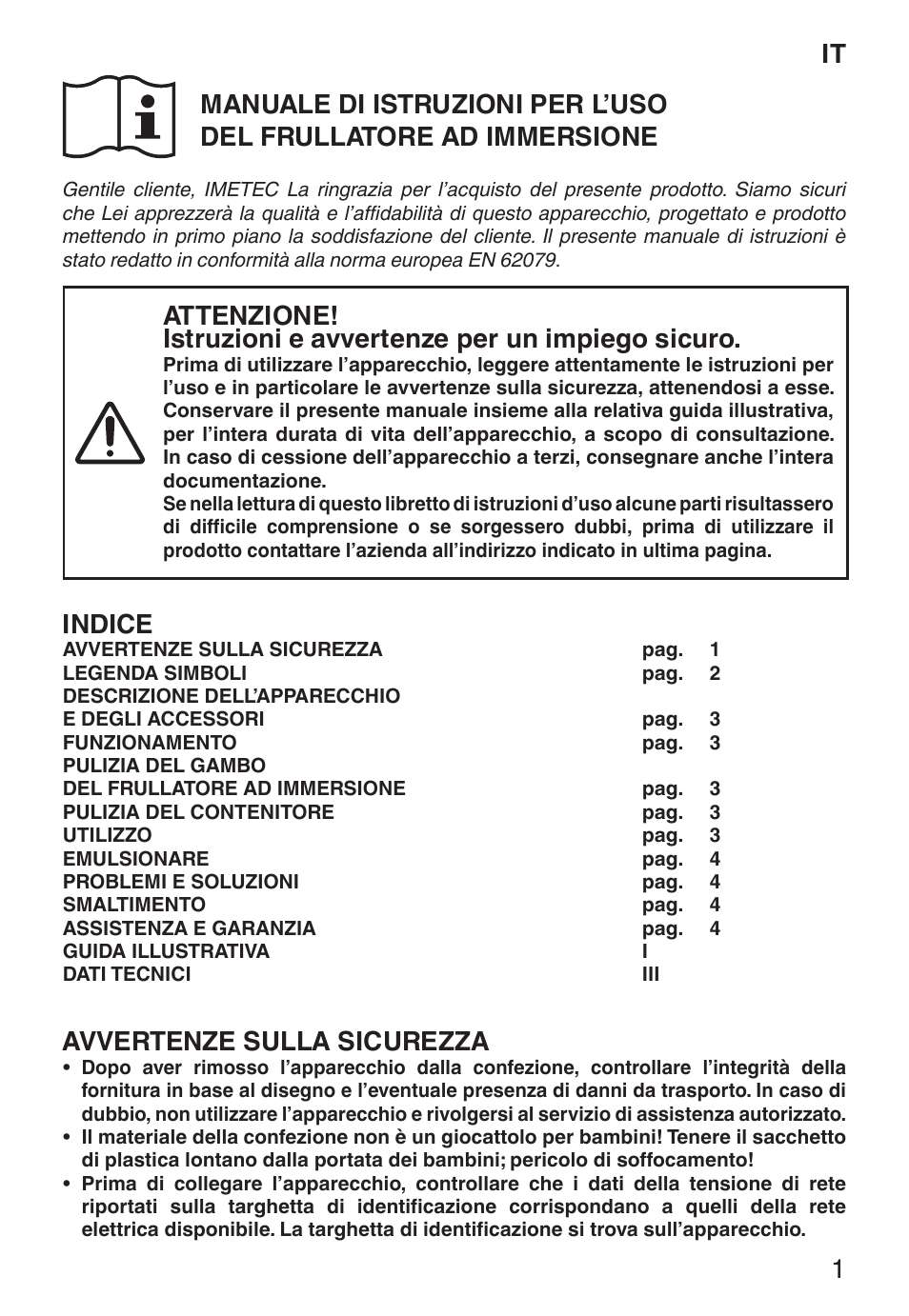 Indice, Avvertenze sulla sicurezza | Imetec ECO HB User Manual | Page 6 / 26