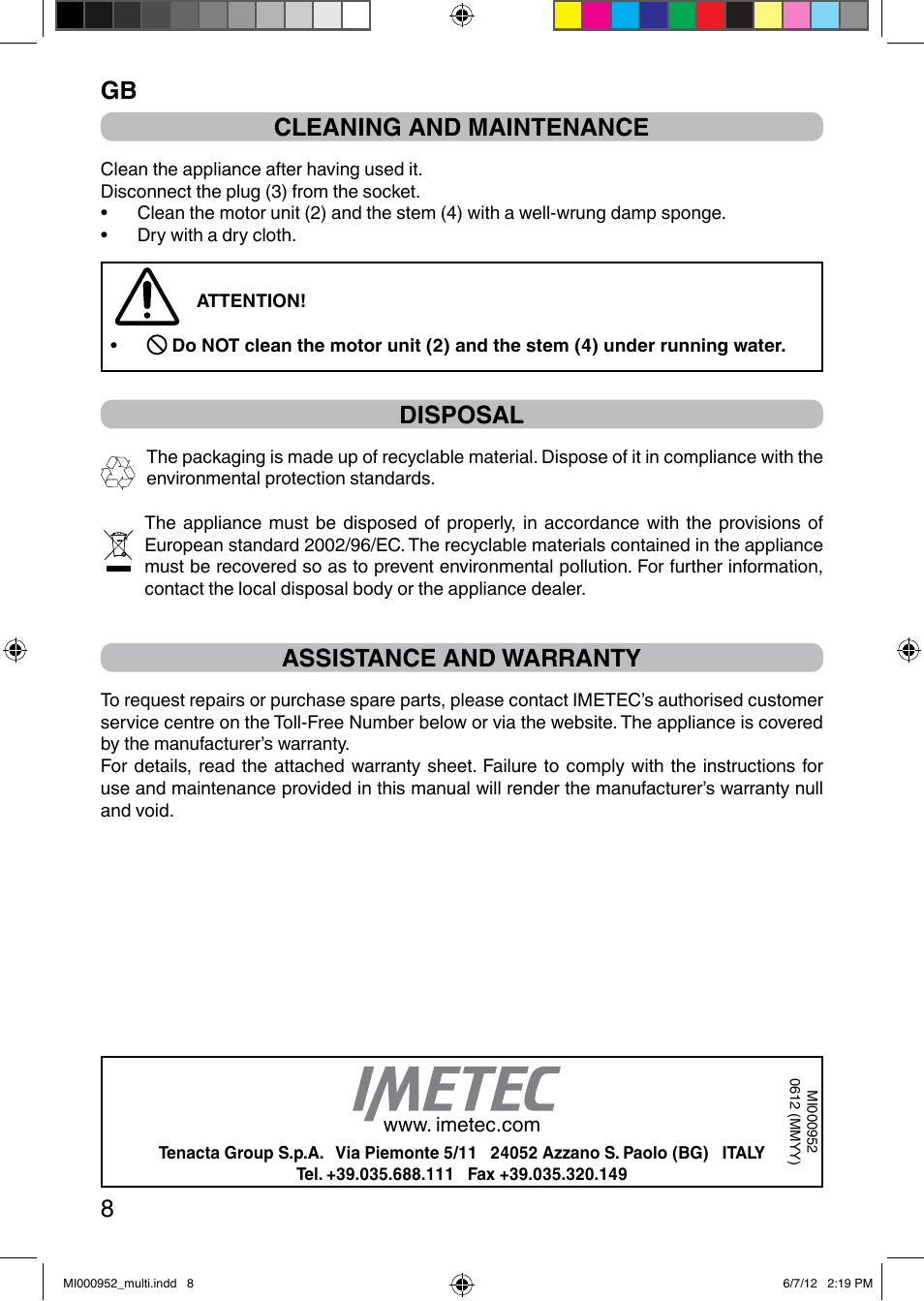It 8 cleaning and maintenance, Disposal, Assistance and warranty | Imetec DOLCEVITA HB2 500 User Manual | Page 13 / 25