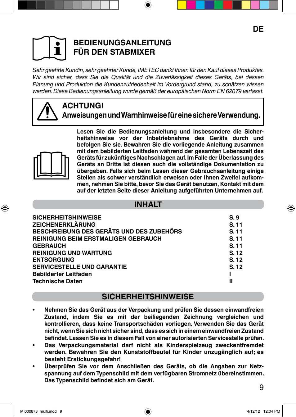 It 9 de bedienungsanleitung für den stabmixer, Inhalt, Sicherheitshinweise | Imetec DOLCEVITA HB2 User Manual | Page 11 / 30