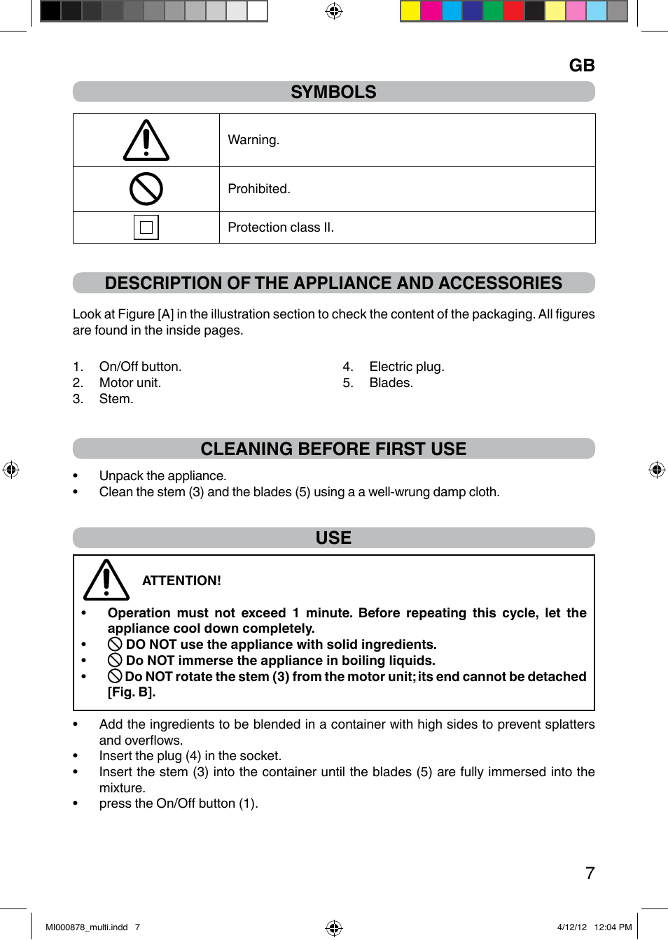 It 7 symbols, Description of the appliance and accessories, Cleaning before first use | Imetec DOLCEVITA HB2 User Manual | Page 9 / 30