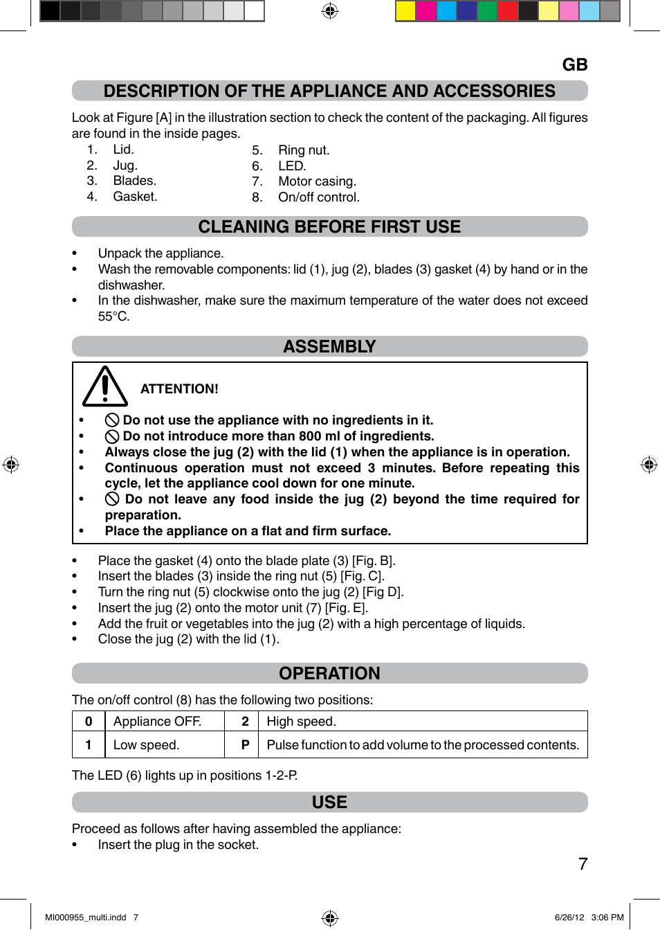 It 7 description of the appliance and accessories, Cleaning before first use, Assembly | Operation | Imetec PROFESSIONAL SERIE BL User Manual | Page 13 / 38