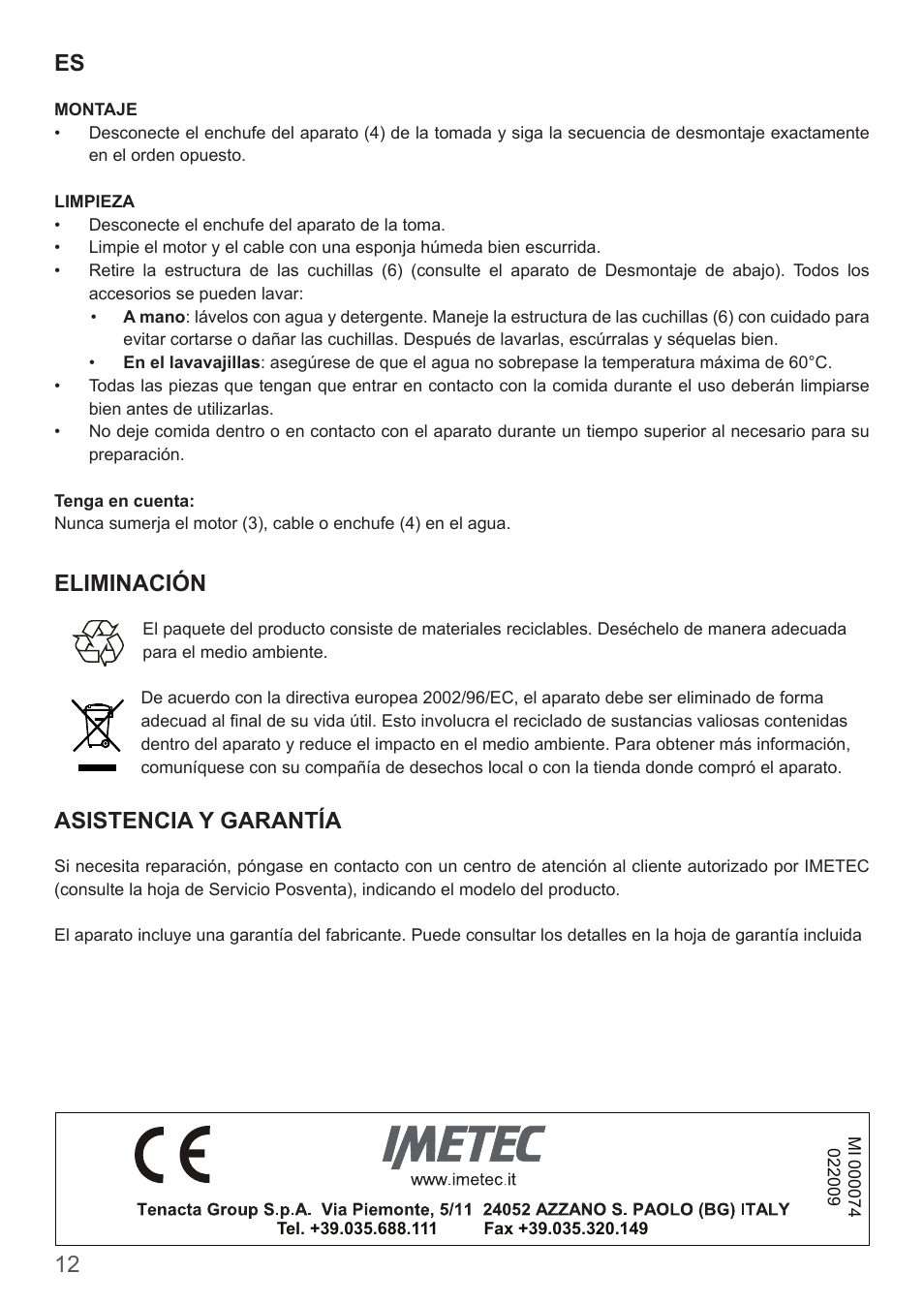 12 es, Eliminación, Asistencia y garantía | Imetec DOLCEVITA BL4 User Manual | Page 14 / 26