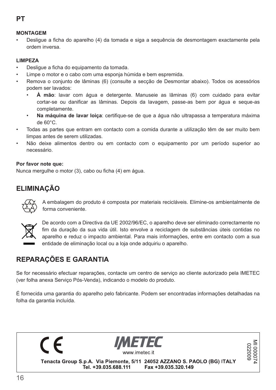 Eliminação, Reparações e garantia | Imetec DOLCEVITA BL4 User Manual | Page 18 / 26
