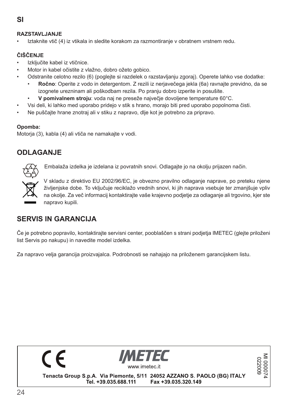 Odlaganje, Servis in garancija | Imetec DOLCEVITA BL4 User Manual | Page 26 / 26