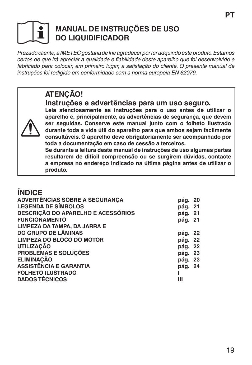 Pt manual de instruções de uso do liquidificador, Índice | Imetec ECO BL User Manual | Page 24 / 42