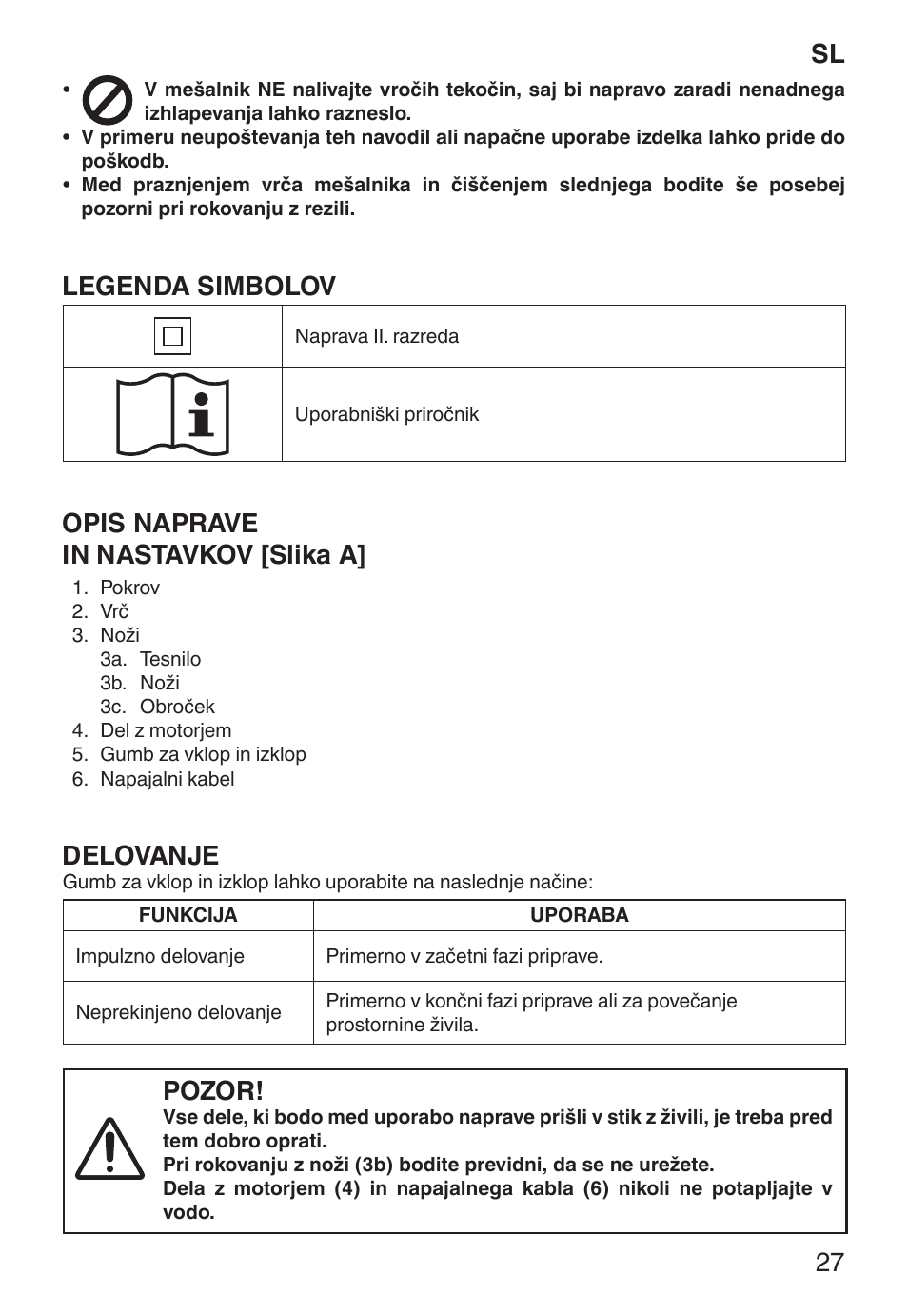 Legenda simbolov, Opis naprave in nastavkov [slika a, Delovanje | Pozor | Imetec ECO BL User Manual | Page 32 / 42