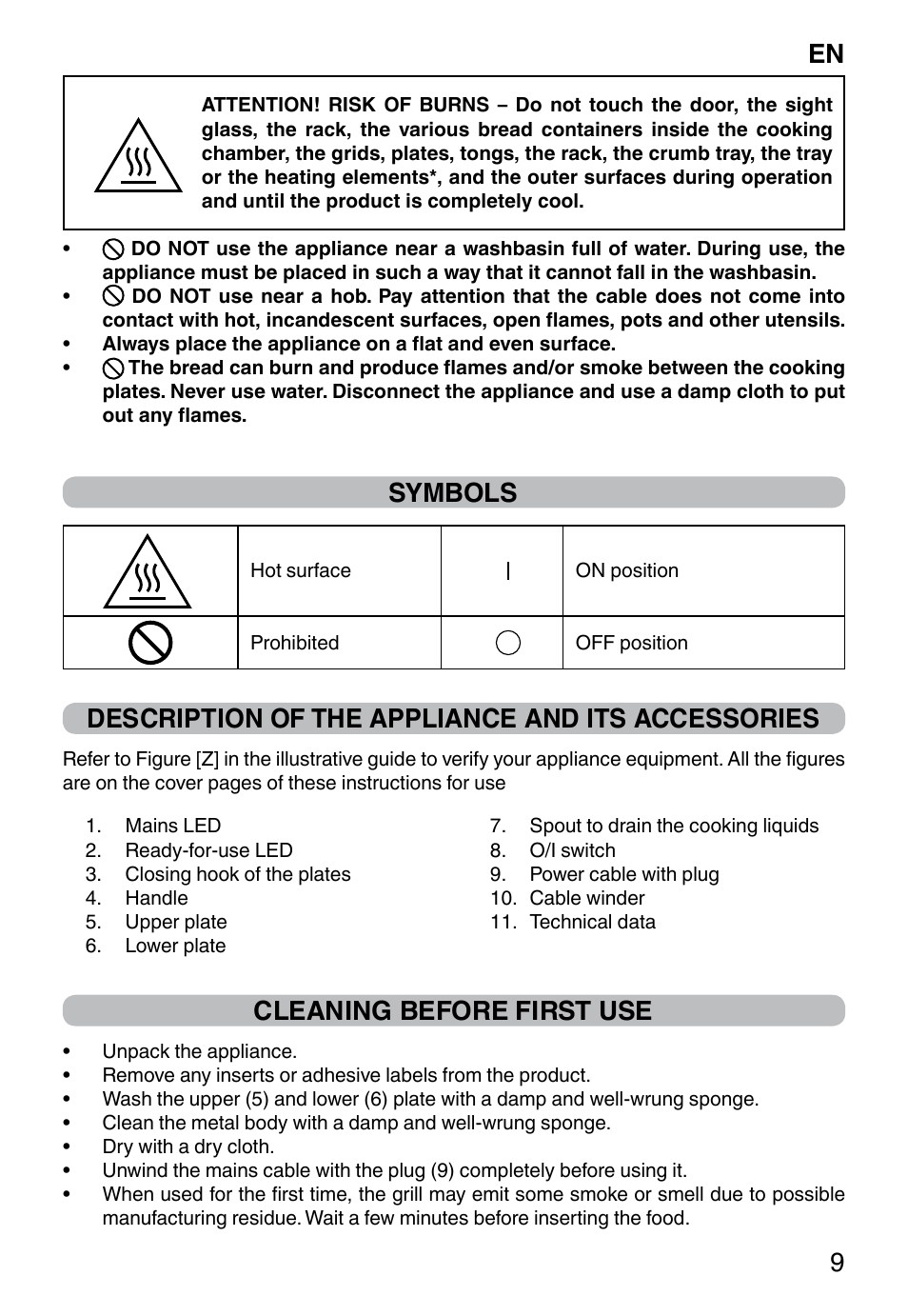 En 9, Symbols, Description of the appliance and its accessories | Cleaning before first use | Imetec DOLCEVITA GL5 User Manual | Page 11 / 56