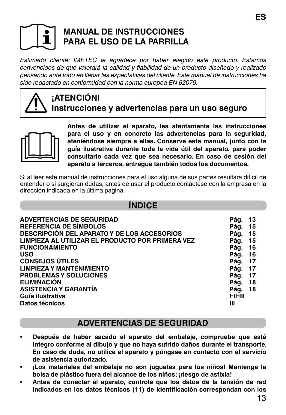 Índice, Advertencias de seguridad | Imetec DOLCEVITA GL5 User Manual | Page 15 / 56