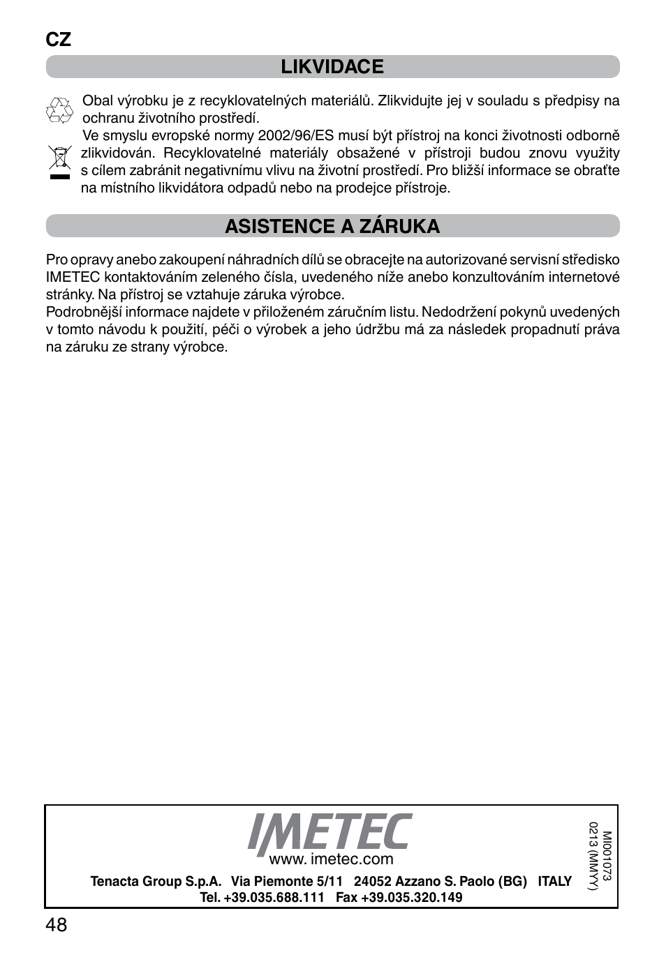 Cz 48 likvidace, Asistence a záruka | Imetec DOLCEVITA GL5 User Manual | Page 50 / 56