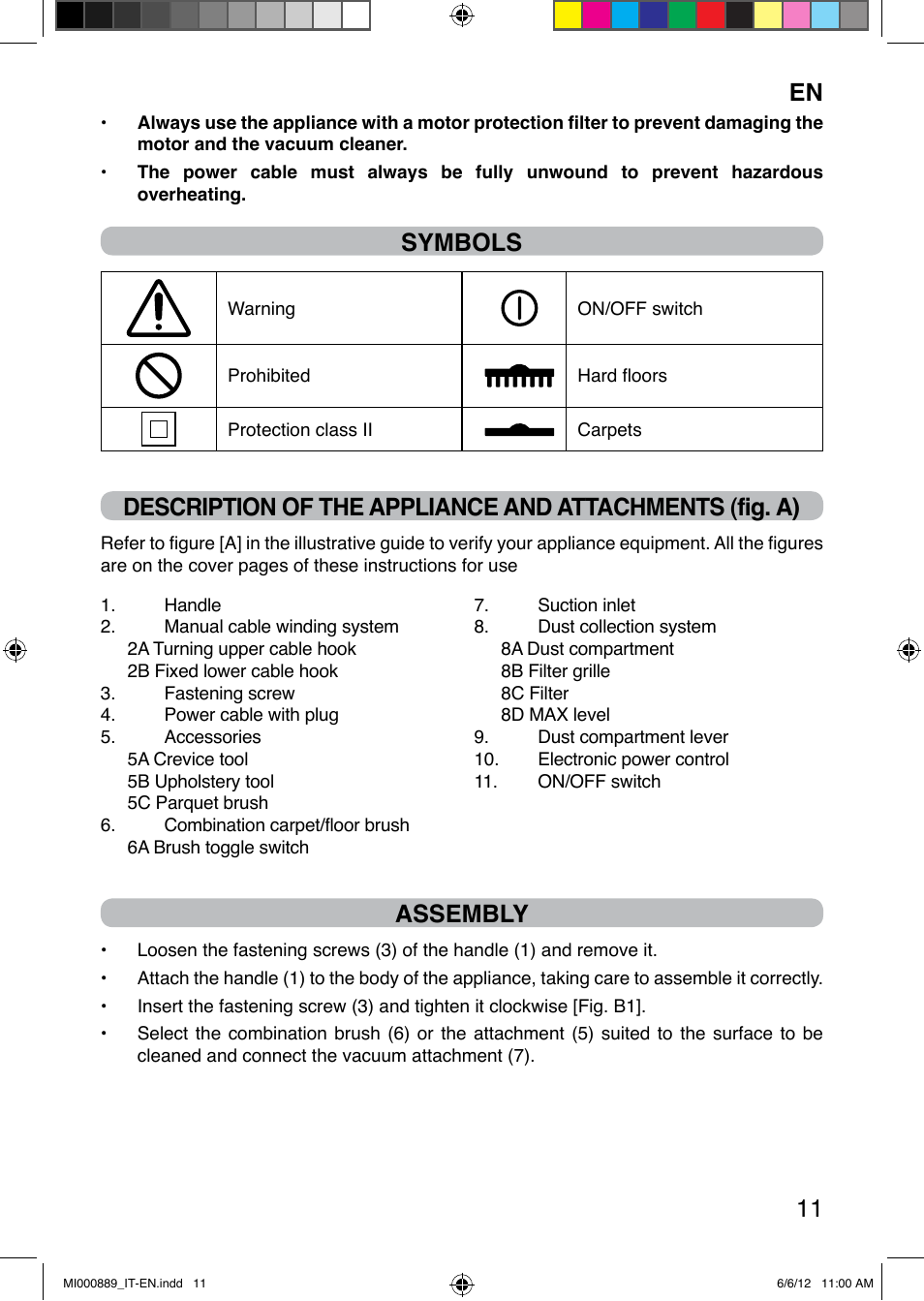 En 11, Symbols, Assembly | Imetec PIUMA NEXT CYCLONIC 1300W PARQUET User Manual | Page 19 / 24