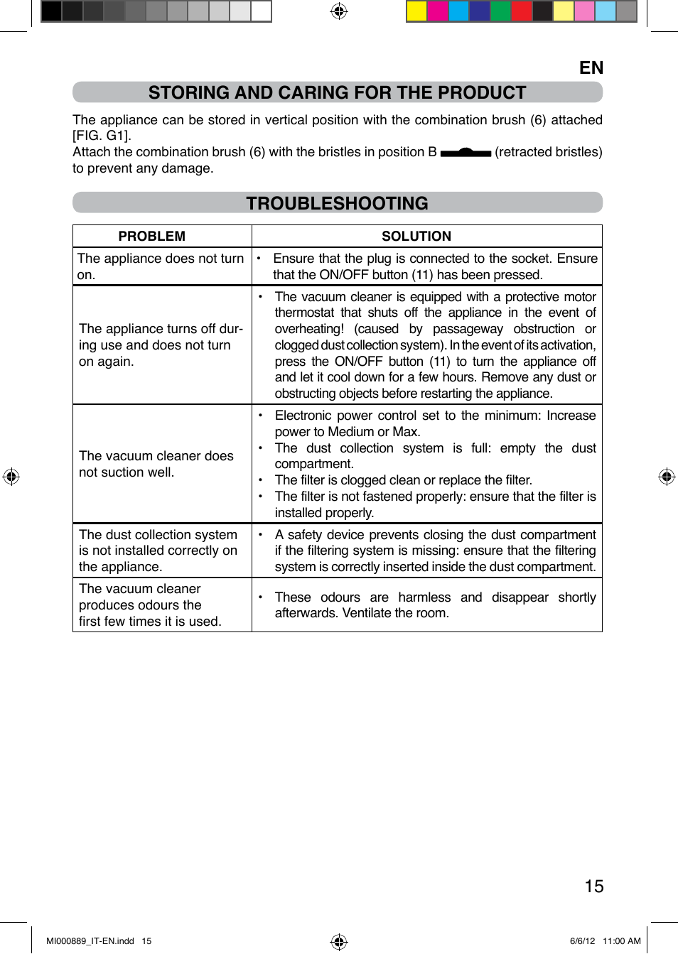 En 15 storing and caring for the product, Troubleshooting | Imetec PIUMA NEXT CYCLONIC 1300W PARQUET User Manual | Page 23 / 24