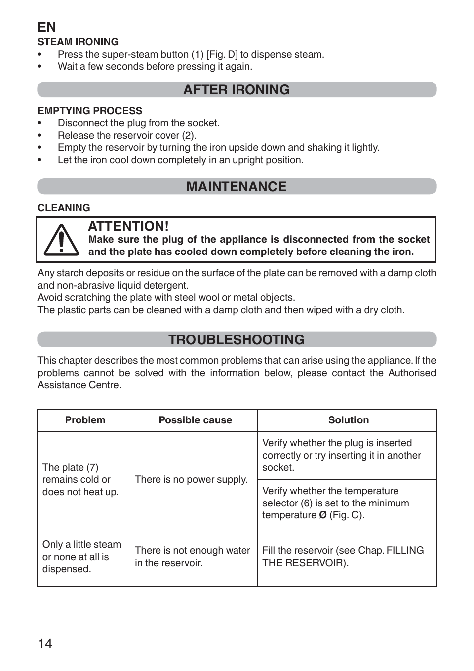 En 14, After ironing, Maintenance | Attention, Troubleshooting | Imetec NUVOLA User Manual | Page 16 / 74