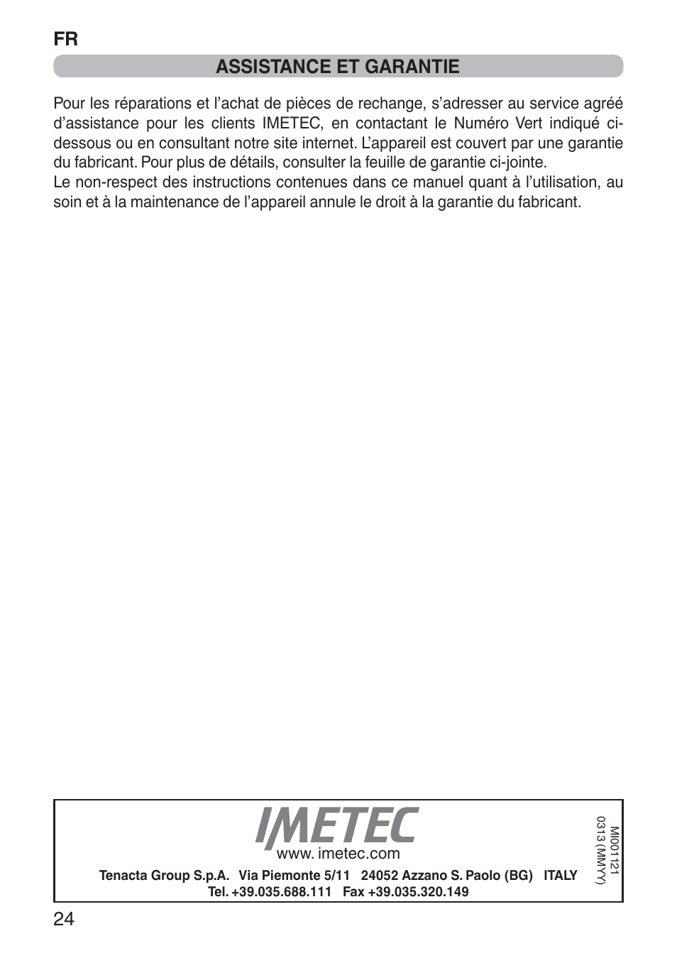 Fr 24, Assistance et garantie | Imetec NUVOLA User Manual | Page 26 / 74