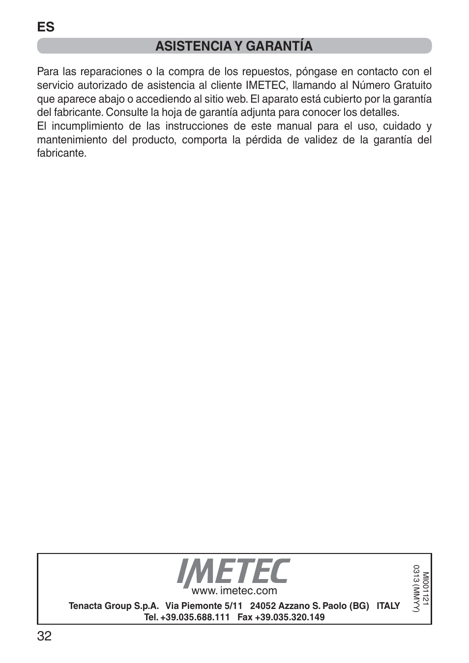 Es 32, Asistencia y garantía | Imetec NUVOLA User Manual | Page 34 / 74
