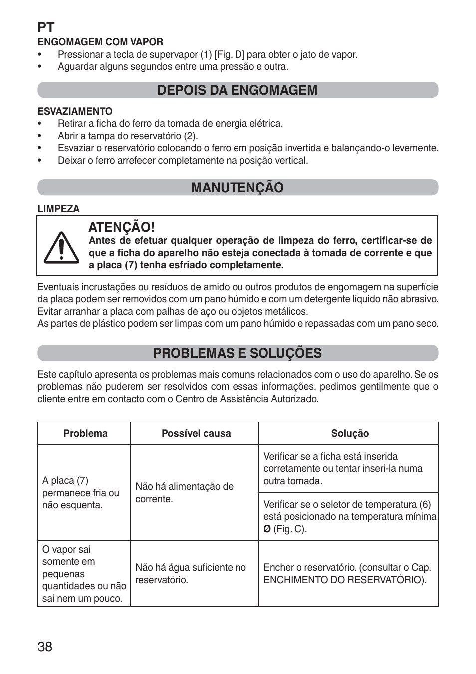 Pt 38, Depois da engomagem, Manutenção | Atenção, Problemas e soluções | Imetec NUVOLA User Manual | Page 40 / 74
