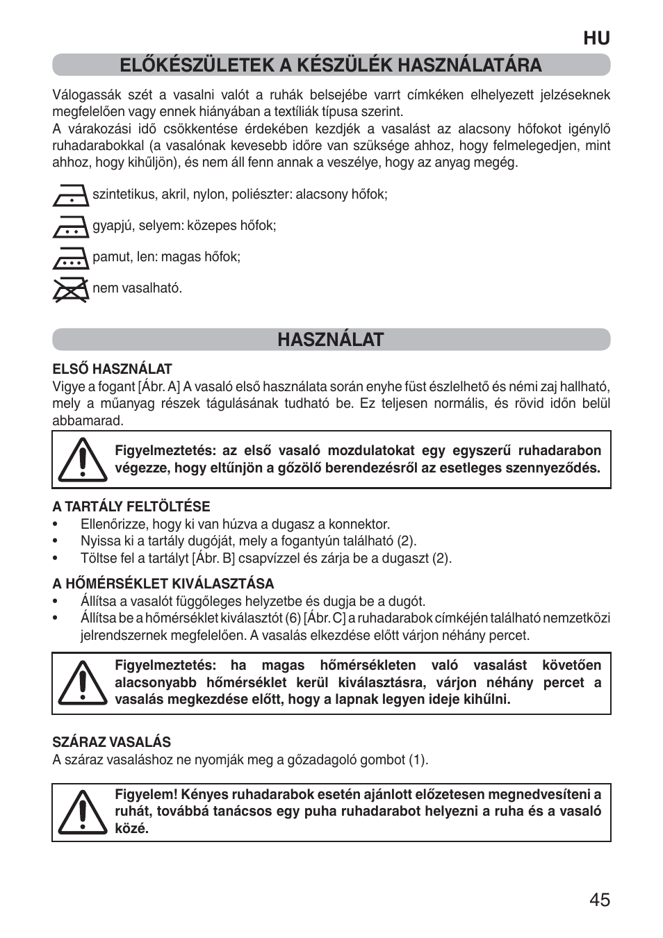 Hu 45 előkészületek a készülék használatára, Használat | Imetec NUVOLA User Manual | Page 47 / 74