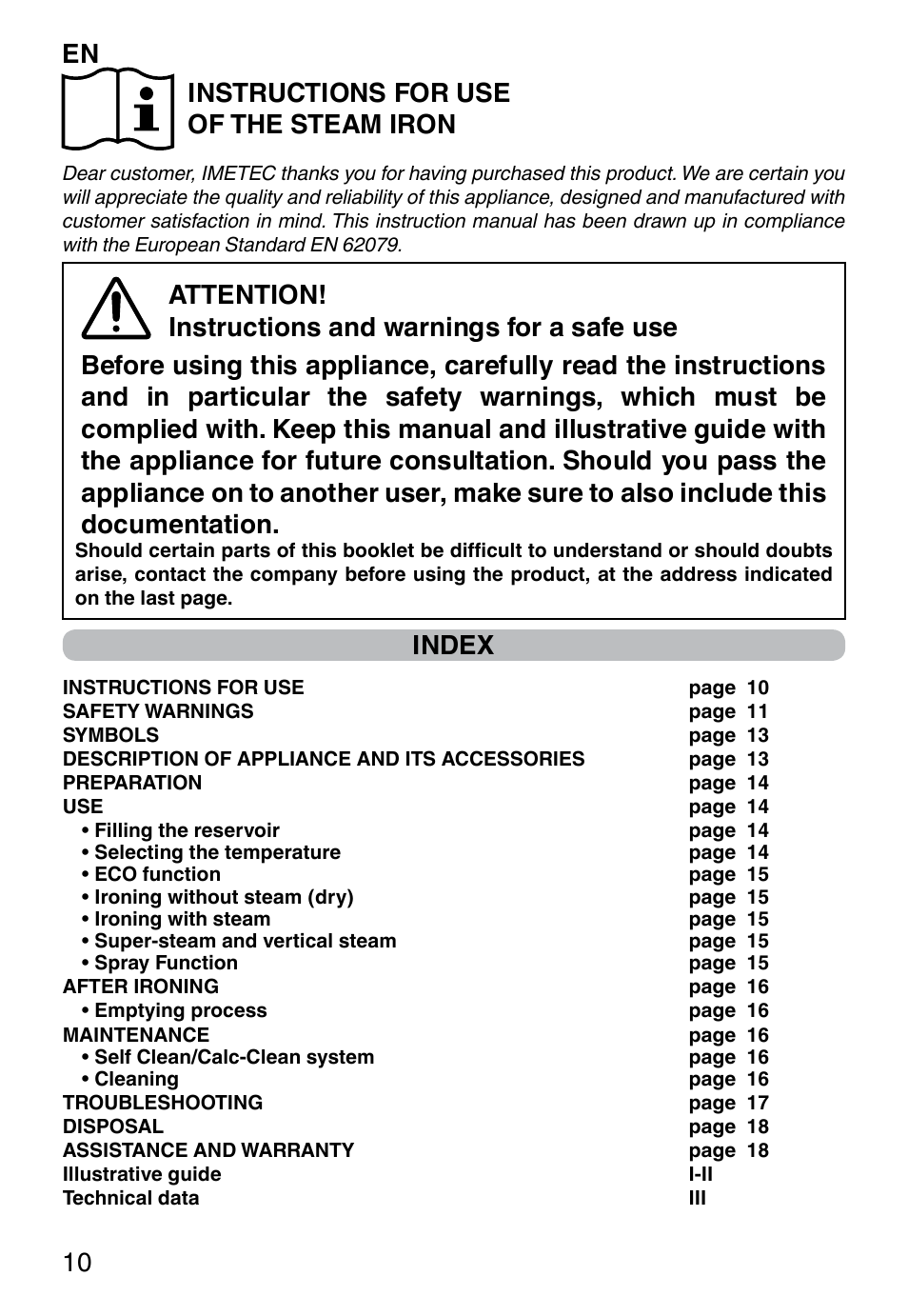 En 10 instructions for use of the steam iron, Index | Imetec TITANOX ECO K112 User Manual | Page 12 / 74