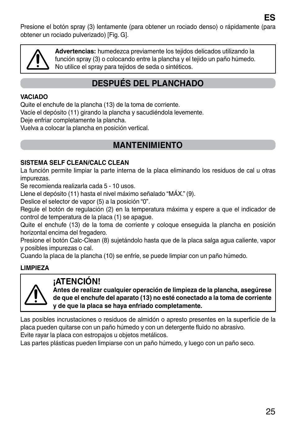 Es 25, Después del planchado, Mantenimiento | Atención | Imetec TITANOX ECO K112 User Manual | Page 27 / 74