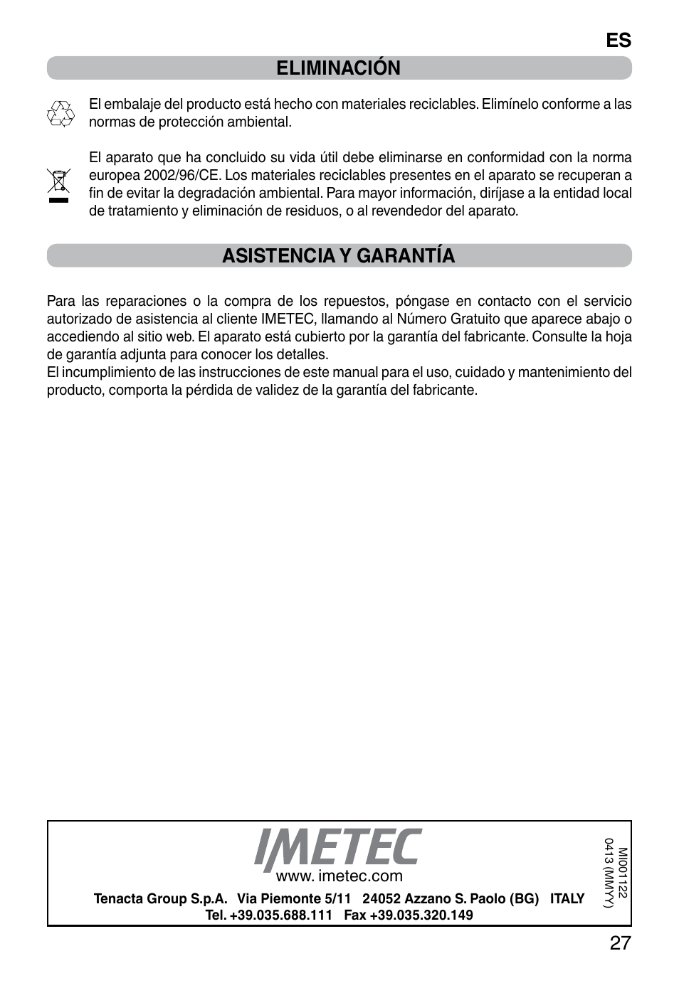 Es 27, Eliminación, Asistencia y garantía | Imetec TITANOX ECO K112 User Manual | Page 29 / 74