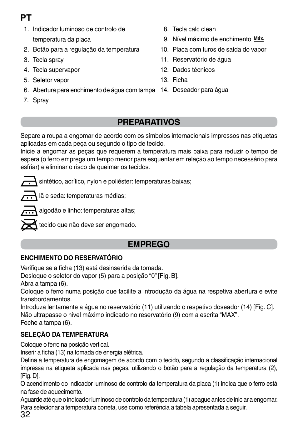 Pt 32, Preparativos, Emprego | Imetec TITANOX ECO K112 User Manual | Page 34 / 74
