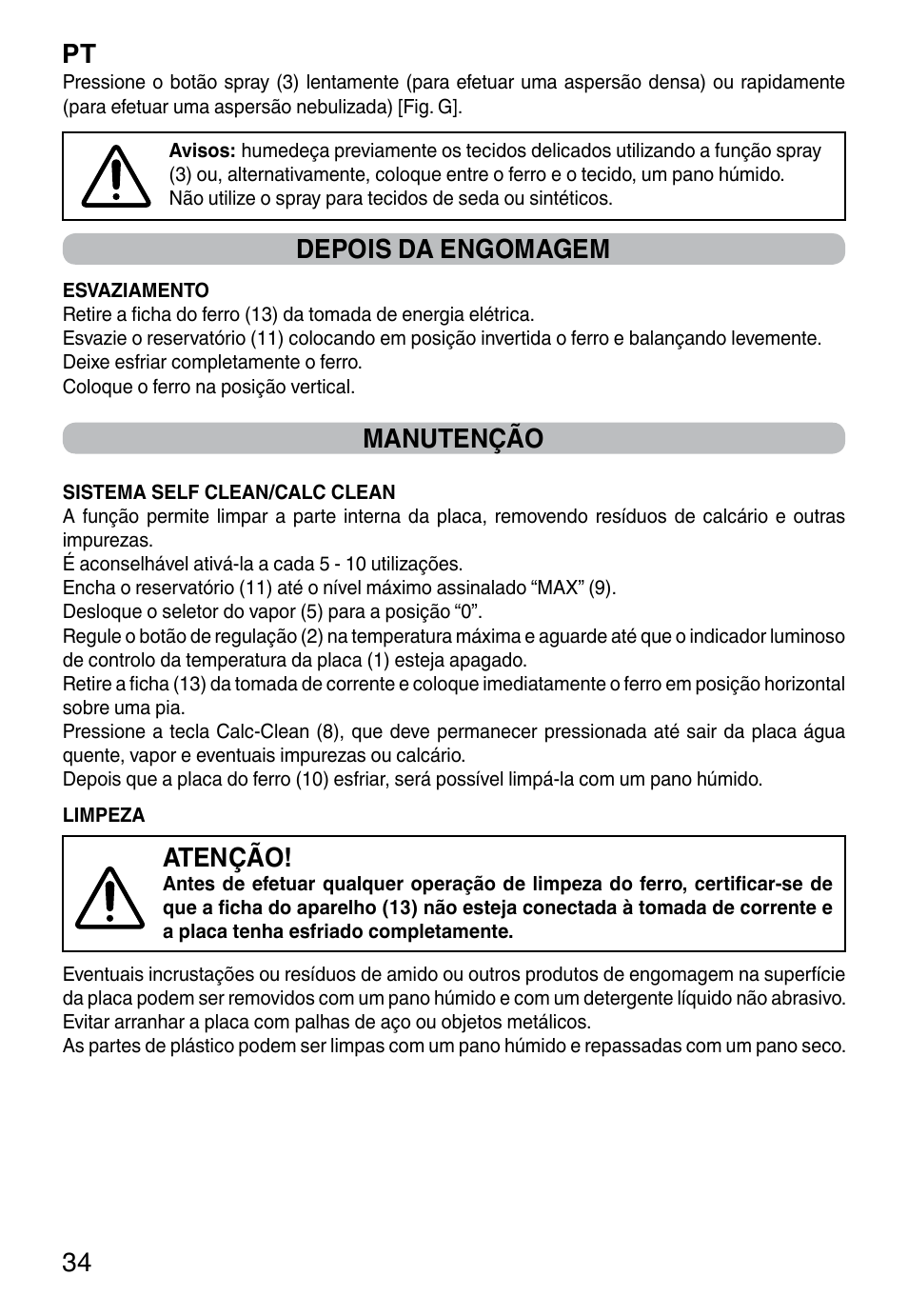 Pt 34, Depois da engomagem, Manutenção | Atenção | Imetec TITANOX ECO K112 User Manual | Page 36 / 74