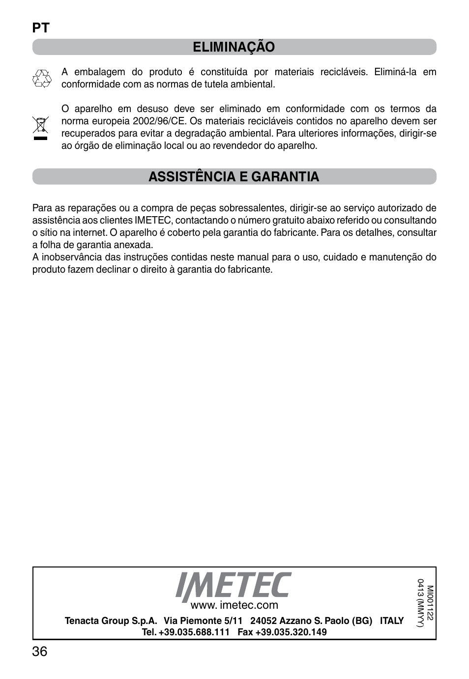 Pt 36, Eliminação, Assistência e garantia | Imetec TITANOX ECO K112 User Manual | Page 38 / 74