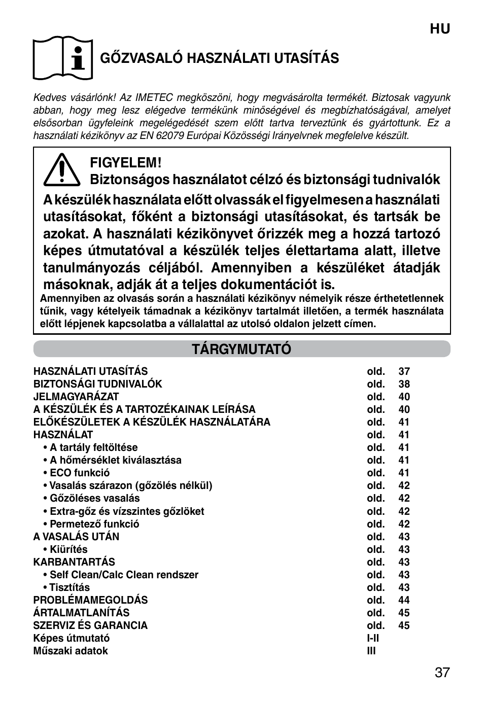 Hu 37 gőzvasaló használati utasítás, Tárgymutató | Imetec TITANOX ECO K112 User Manual | Page 39 / 74