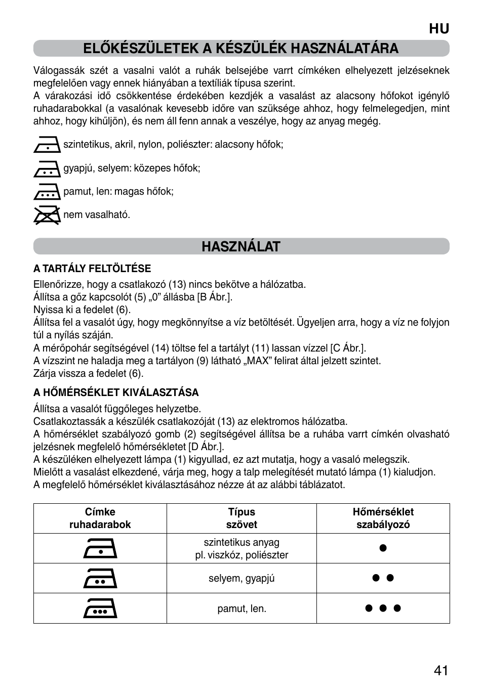 Hu 41 előkészületek a készülék használatára, Használat | Imetec TITANOX ECO K112 User Manual | Page 43 / 74