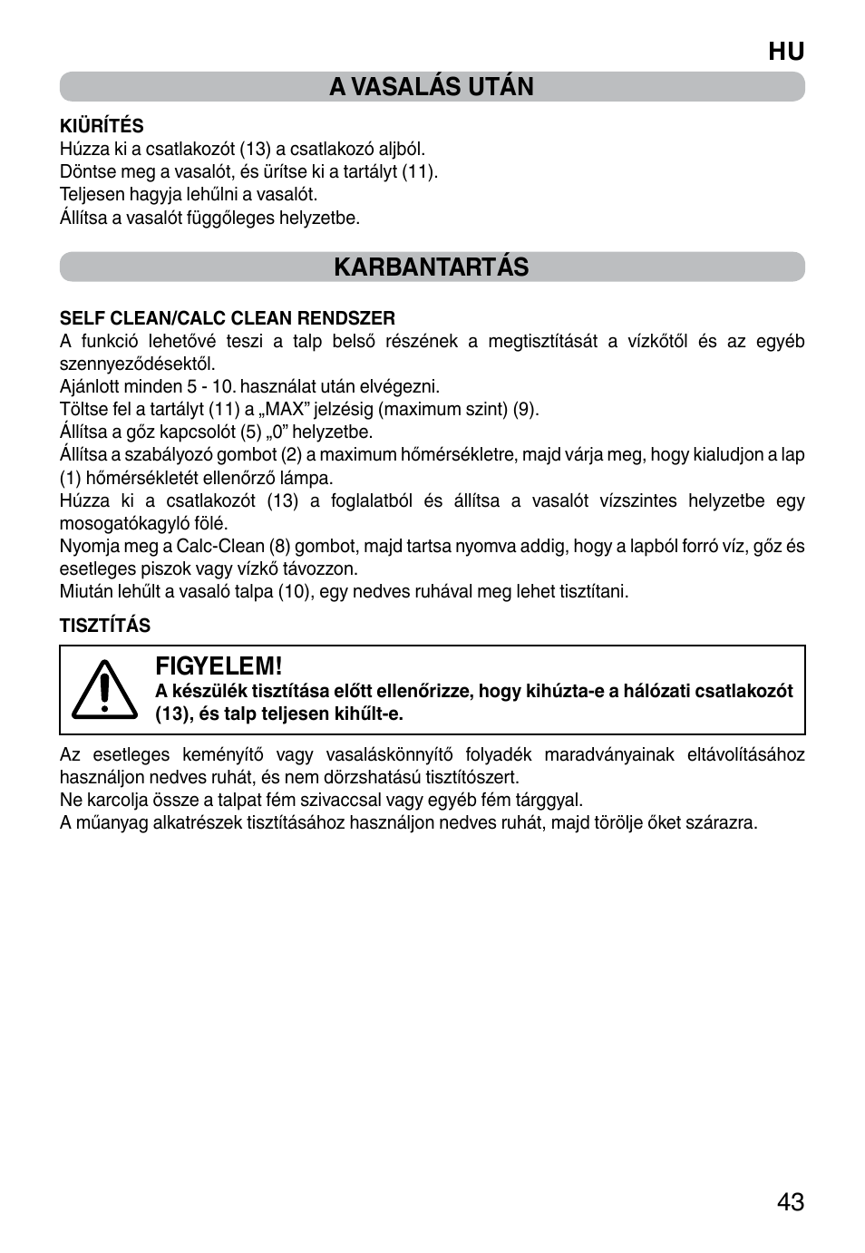 Hu 43 a vasalás után, Karbantartás, Figyelem | Imetec TITANOX ECO K112 User Manual | Page 45 / 74