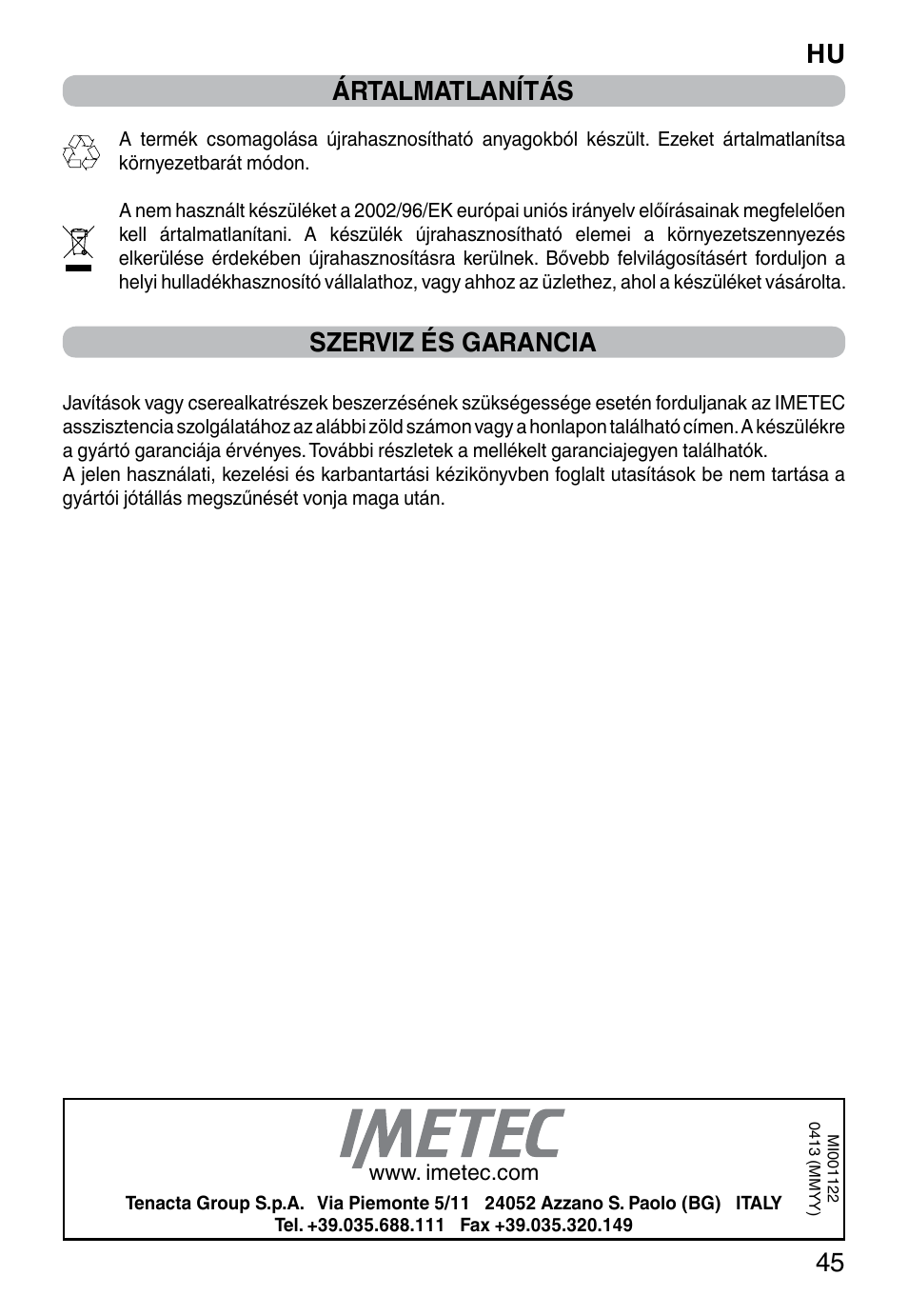Hu 45, Ártalmatlanítás, Szerviz és garancia | Imetec TITANOX ECO K112 User Manual | Page 47 / 74