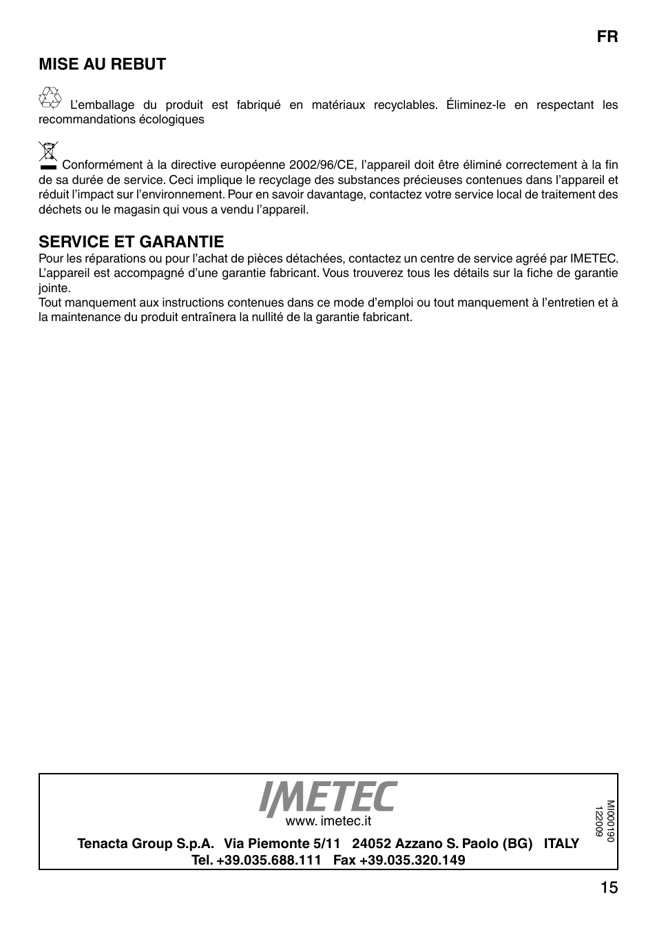 15 fr 15 mise au rebut, Service et garantie | Imetec NO-STOP PRESTIGE ECO User Manual | Page 20 / 54