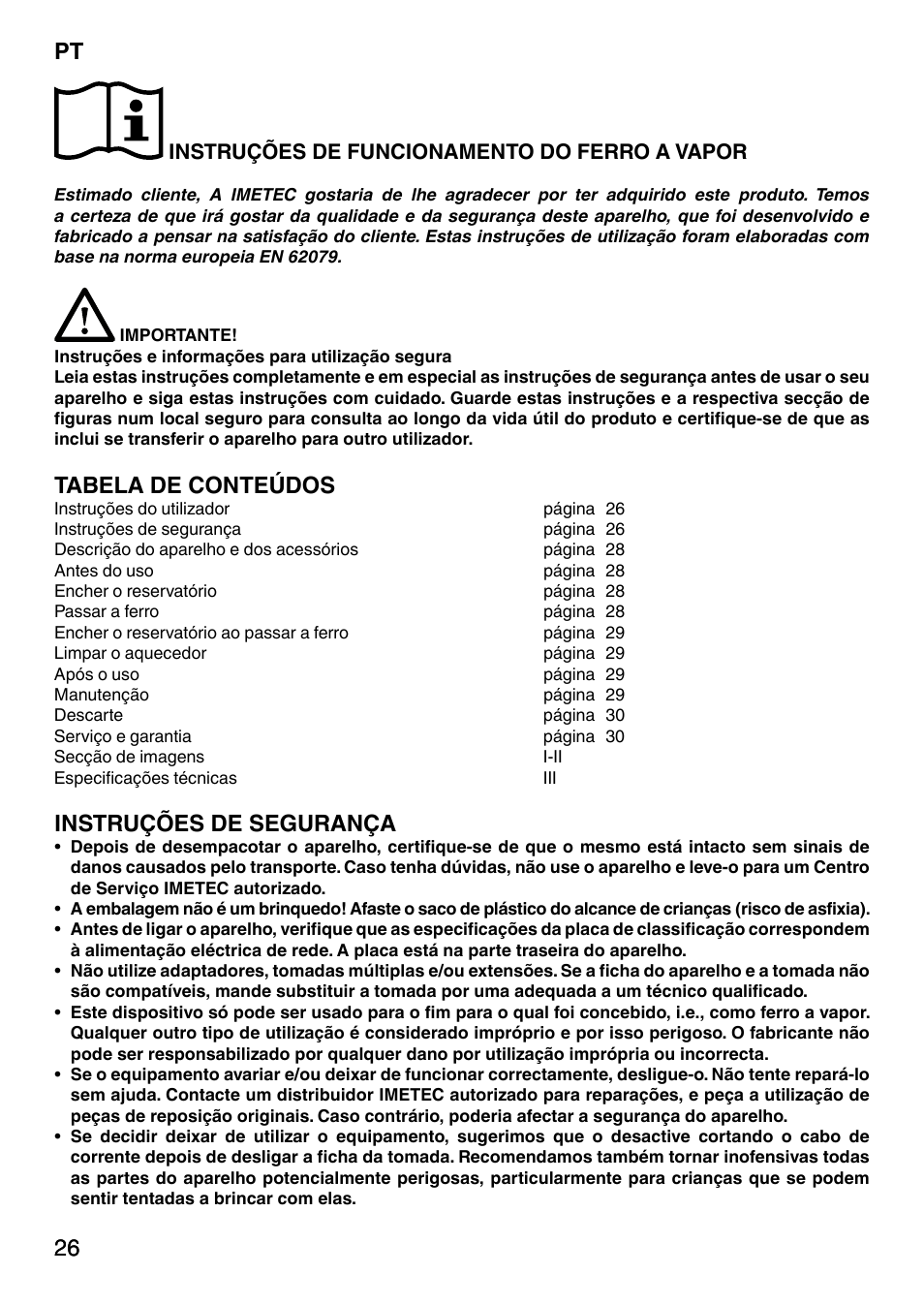 26 pt 26, Tabela de conteúdos, Instruções de segurança | Instruções de funcionamento do ferro a vapor | Imetec NO-STOP PRESTIGE ECO User Manual | Page 31 / 54
