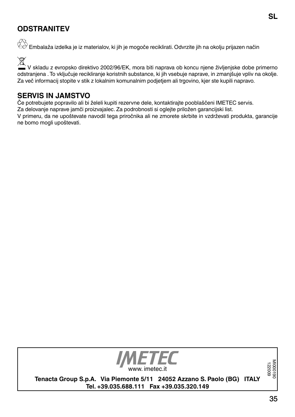 35 sl 35 odstranitev, Servis in jamstvo | Imetec NO-STOP PRESTIGE ECO User Manual | Page 40 / 54