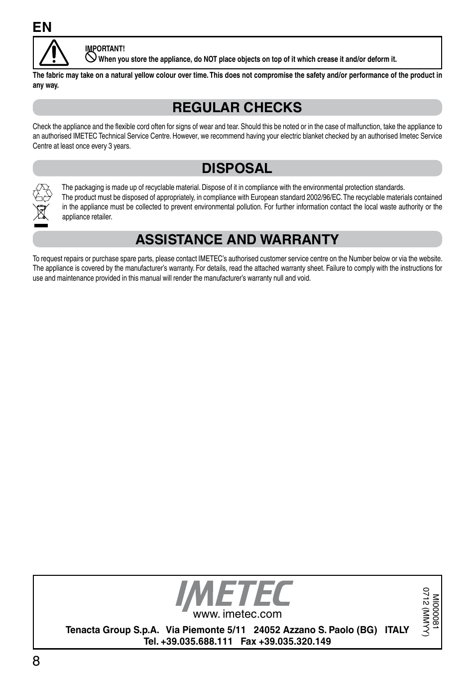 It 8, Regular checks, Disposal | Assistance and warranty | Imetec RELAXY SINGLE User Manual | Page 10 / 56
