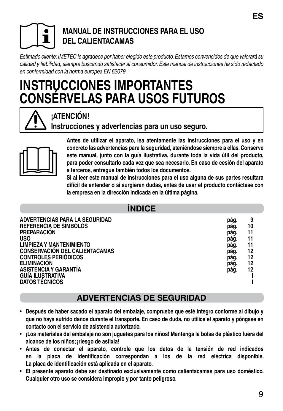 It 9, Índice, Advertencias de seguridad | Imetec RELAXY SINGLE User Manual | Page 11 / 56
