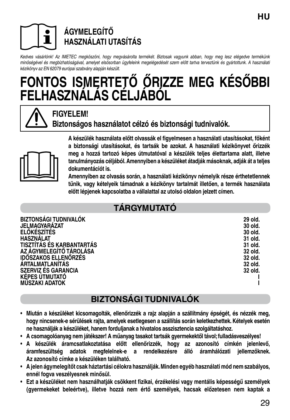 It 29, Ágymelegítő használati utasítás, Tárgymutató | Biztonsági tudnivalók | Imetec RELAXY SINGLE User Manual | Page 31 / 56